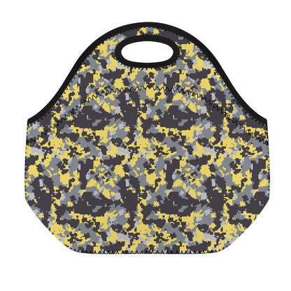 Yellow Black And Grey Digital Camo Print Neoprene Lunch Bag
