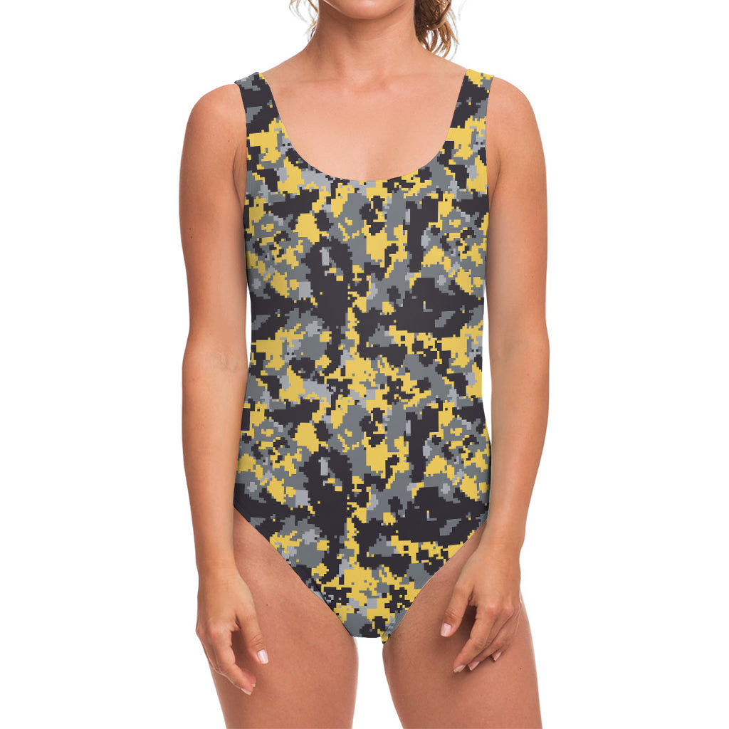 Yellow Black And Grey Digital Camo Print One Piece Swimsuit