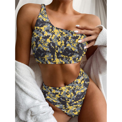 Yellow Black And Grey Digital Camo Print One Shoulder Bikini Top