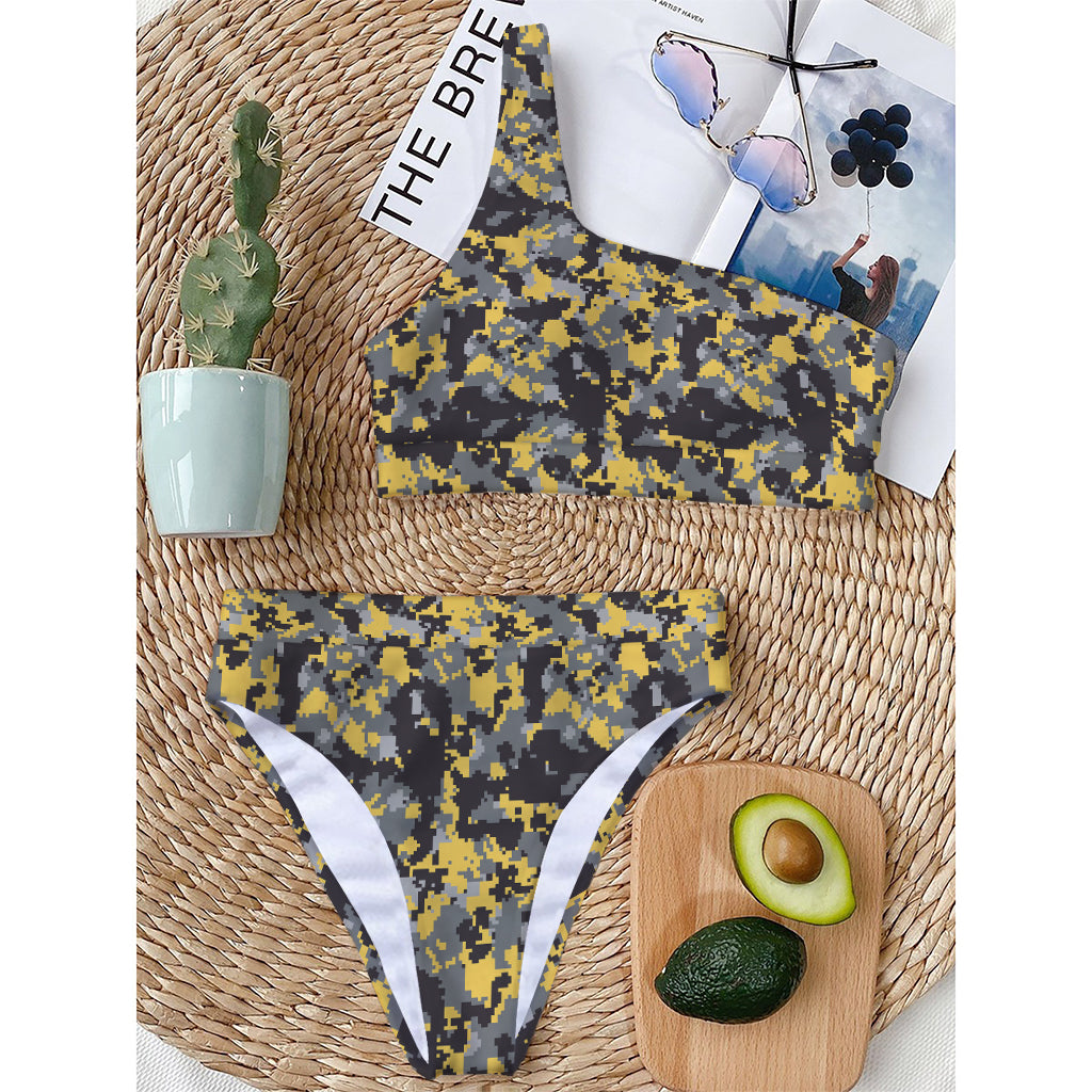 Yellow Black And Grey Digital Camo Print One Shoulder Bikini Top
