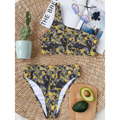 Yellow Black And Grey Digital Camo Print One Shoulder Bikini Top