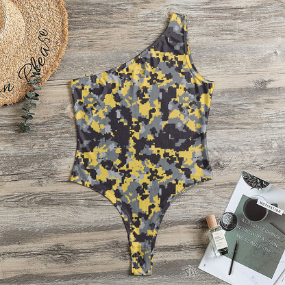 Yellow Black And Grey Digital Camo Print One Shoulder Bodysuit