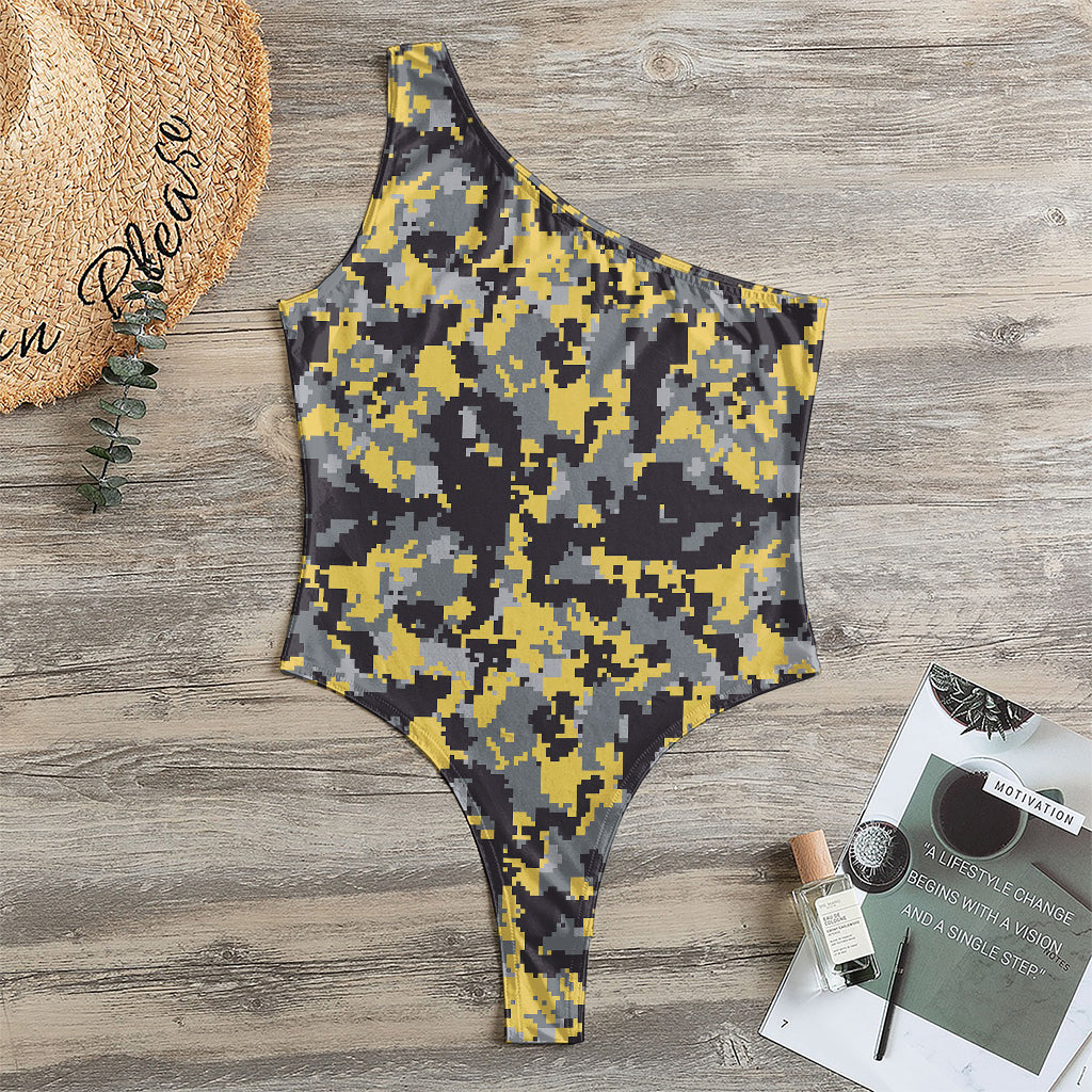 Yellow Black And Grey Digital Camo Print One Shoulder Bodysuit