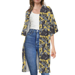 Yellow Black And Grey Digital Camo Print Open Front Beach Cover Up