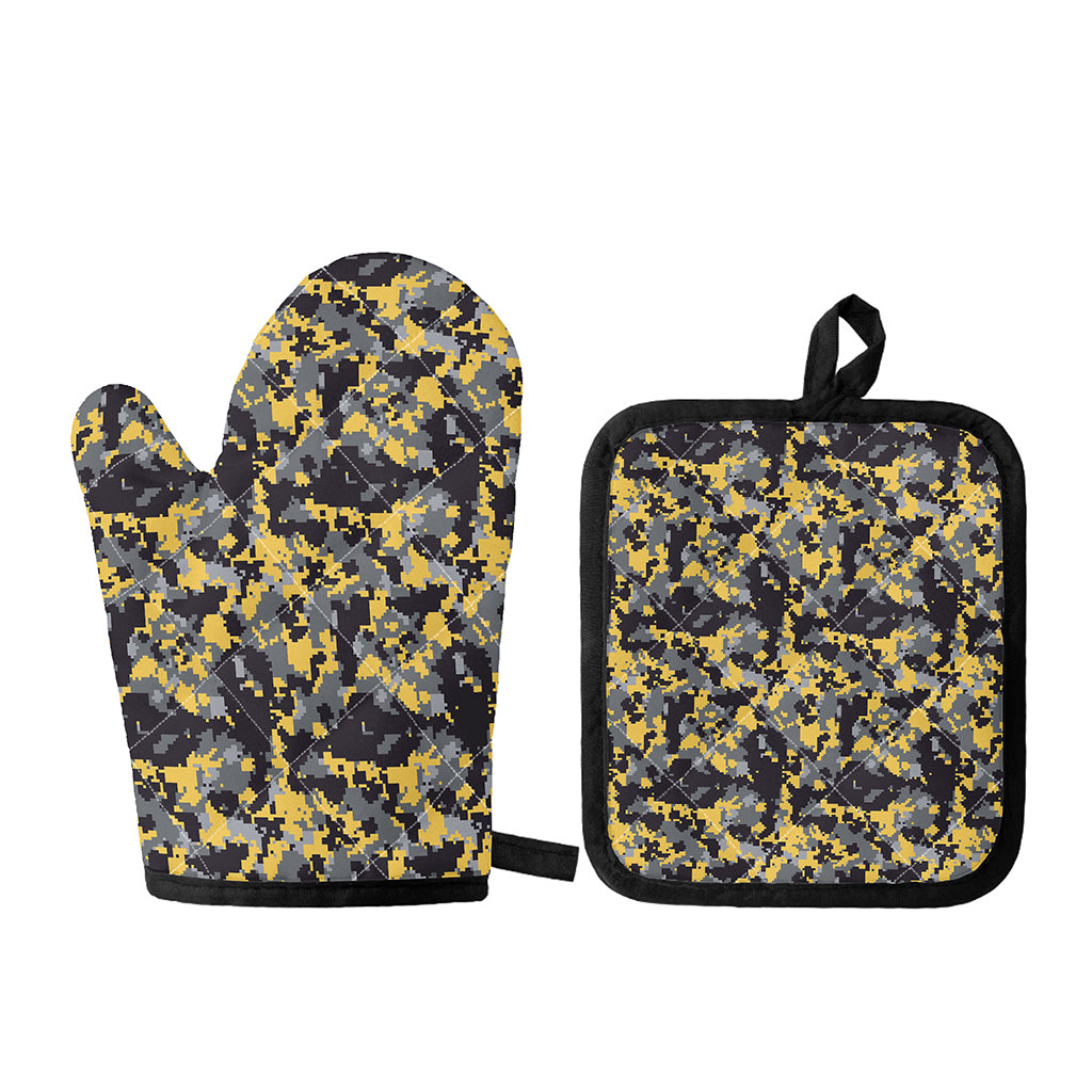 Yellow Black And Grey Digital Camo Print Oven Mitt And Pot Holder Set