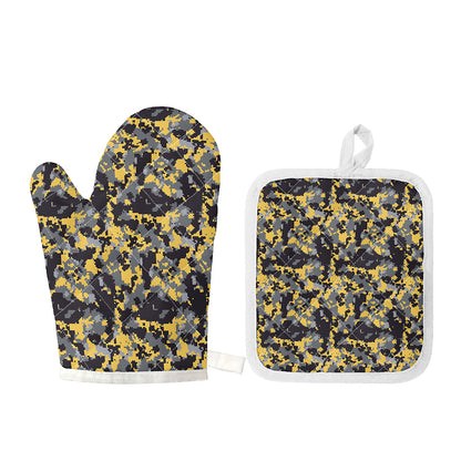 Yellow Black And Grey Digital Camo Print Oven Mitt And Pot Holder Set