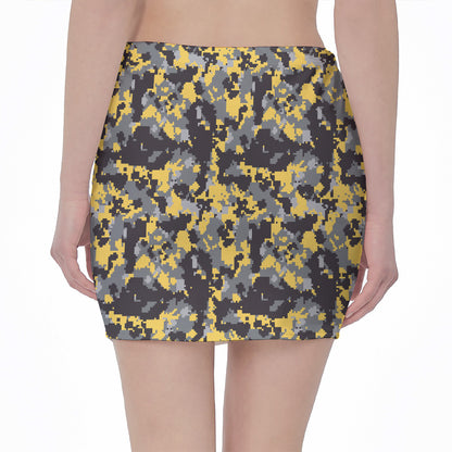 Yellow Black And Grey Digital Camo Print Pencil Mini Skirt