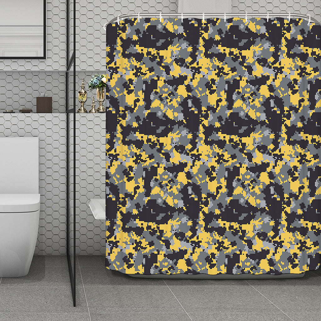 Yellow Black And Grey Digital Camo Print Polyester Shower Curtain