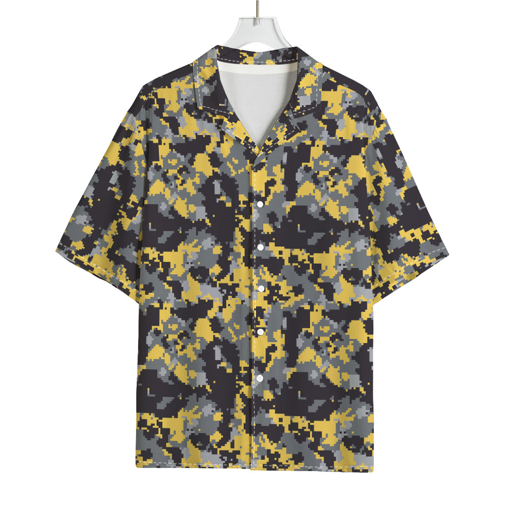 Yellow Black And Grey Digital Camo Print Rayon Hawaiian Shirt