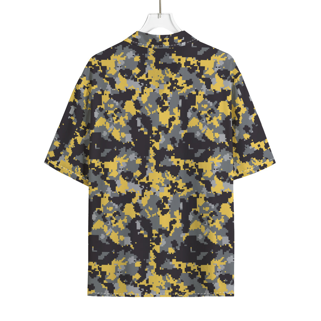 Yellow Black And Grey Digital Camo Print Rayon Hawaiian Shirt