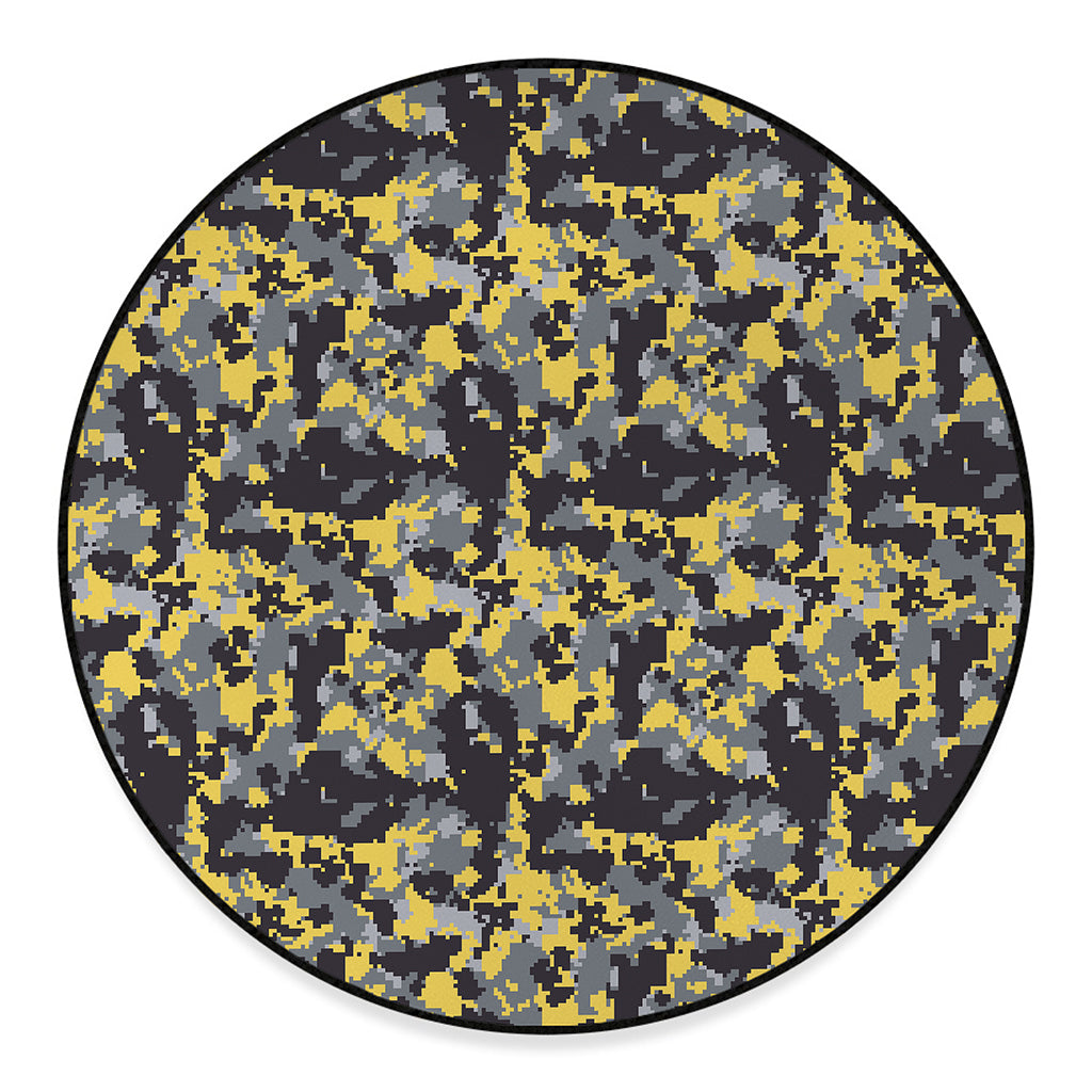 Yellow Black And Grey Digital Camo Print Round Floor Mat