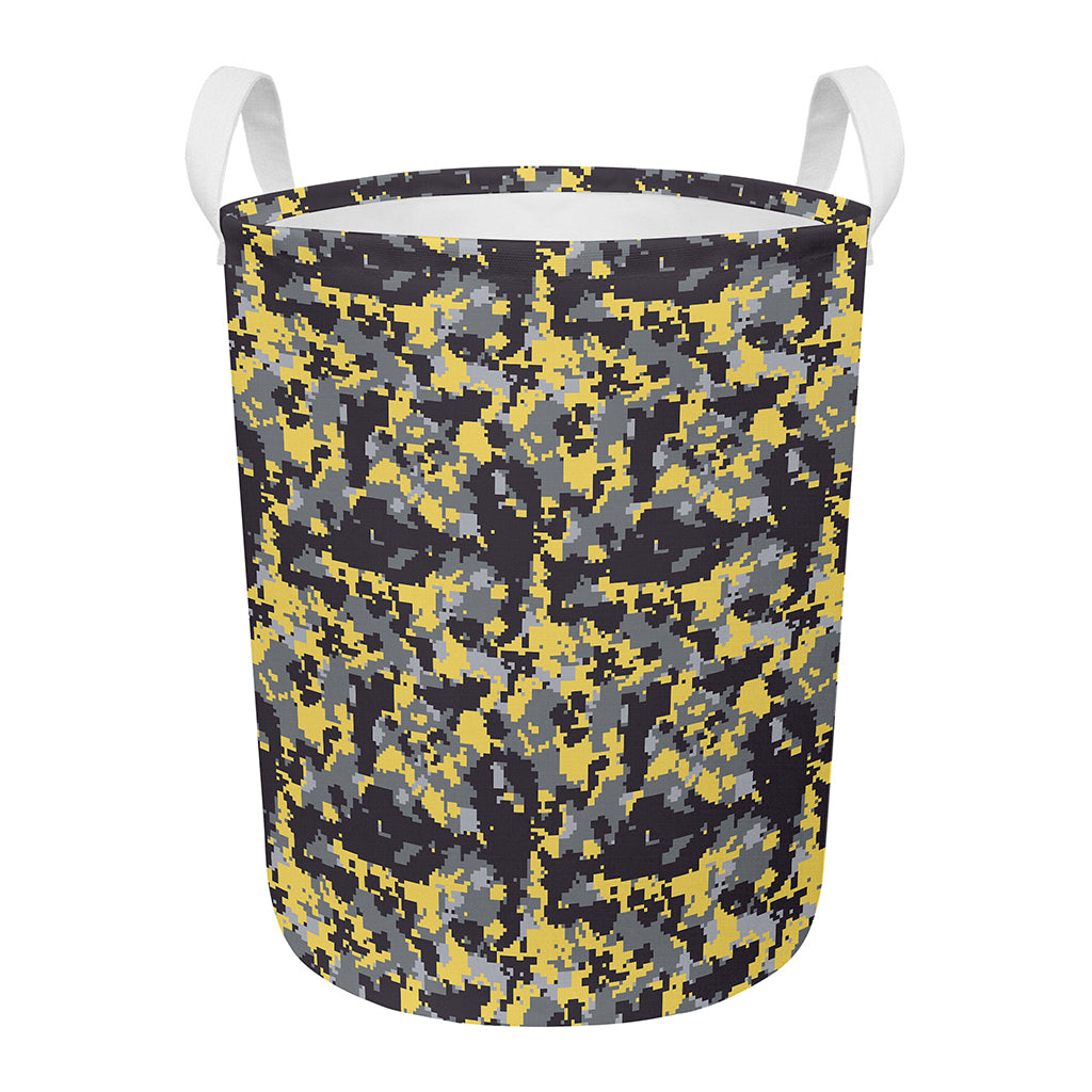 Yellow Black And Grey Digital Camo Print Round Laundry Basket