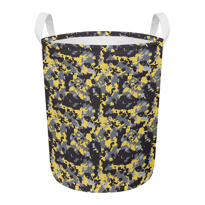 Yellow Black And Grey Digital Camo Print Round Laundry Basket