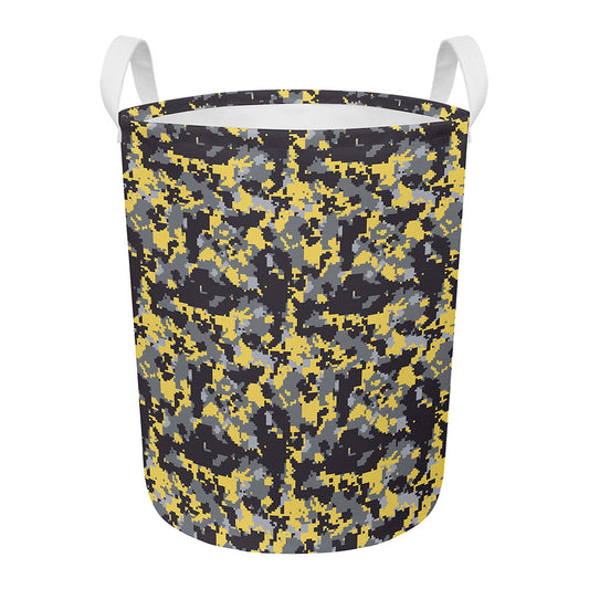 Yellow Black And Grey Digital Camo Print Round Laundry Basket