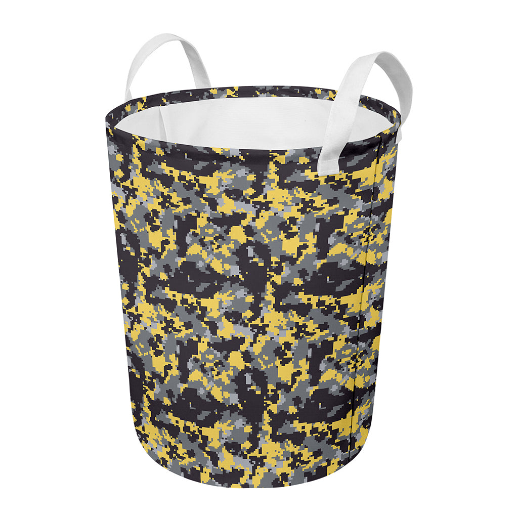 Yellow Black And Grey Digital Camo Print Round Laundry Basket