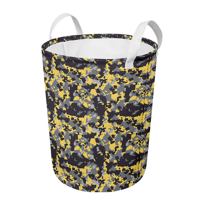 Yellow Black And Grey Digital Camo Print Round Laundry Basket