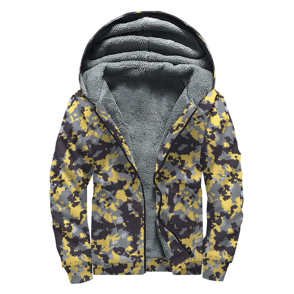 Yellow Black And Grey Digital Camo Print Sherpa Lined Zip Up Hoodie