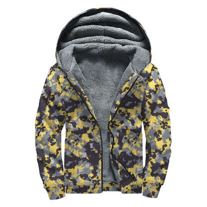 Yellow Black And Grey Digital Camo Print Sherpa Lined Zip Up Hoodie