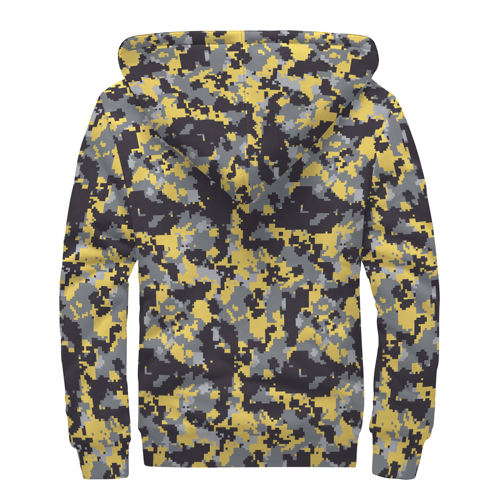Yellow Black And Grey Digital Camo Print Sherpa Lined Zip Up Hoodie