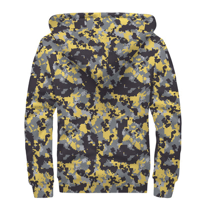 Yellow Black And Grey Digital Camo Print Sherpa Lined Zip Up Hoodie