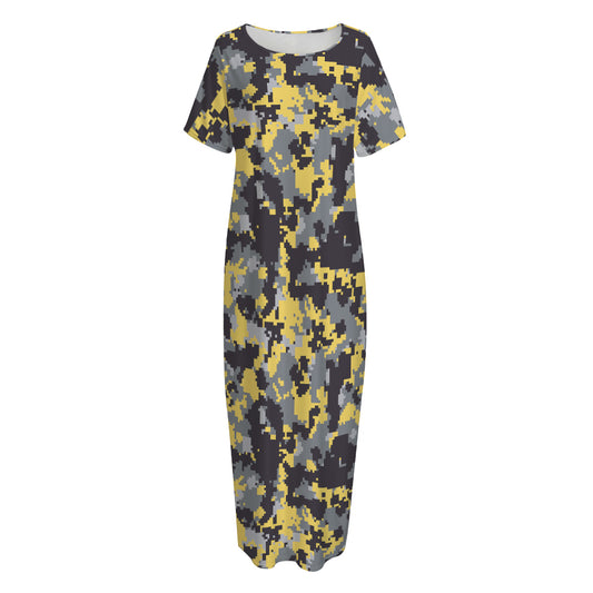 Yellow Black And Grey Digital Camo Print Short Sleeve Long Nightdress