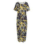 Yellow Black And Grey Digital Camo Print Short Sleeve Long Nightdress