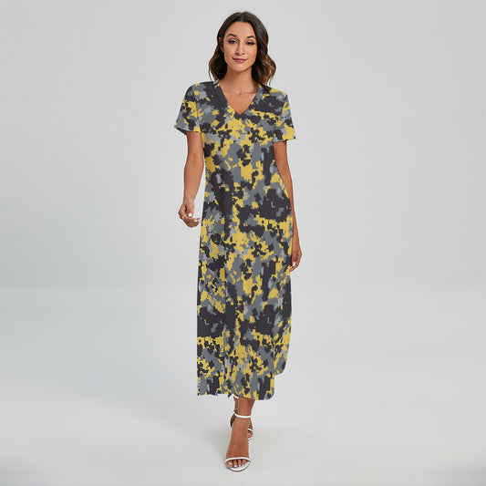 Yellow Black And Grey Digital Camo Print Short Sleeve Maxi Dress