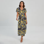 Yellow Black And Grey Digital Camo Print Short Sleeve Maxi Dress