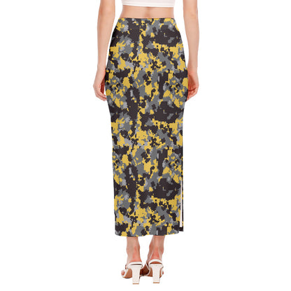Yellow Black And Grey Digital Camo Print Side Slit Maxi Skirt