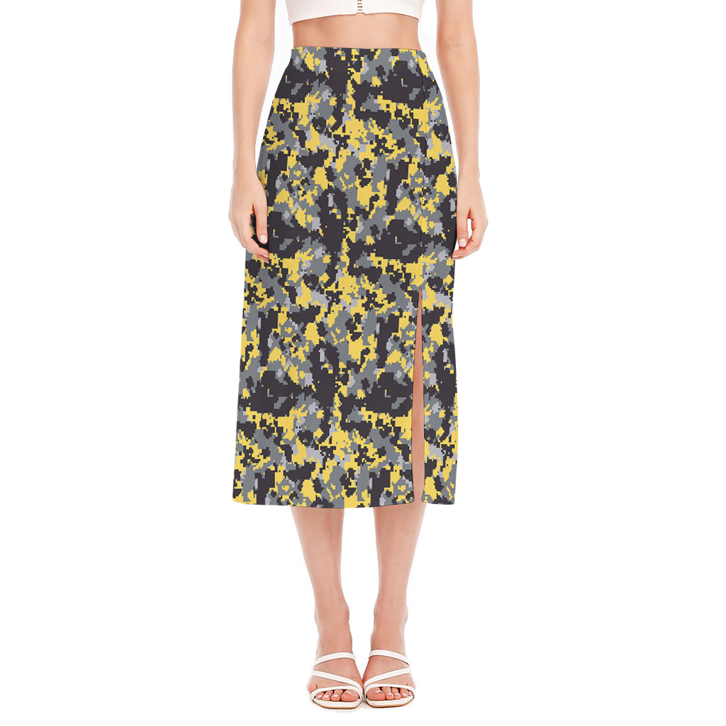 Yellow Black And Grey Digital Camo Print Side Slit Midi Skirt