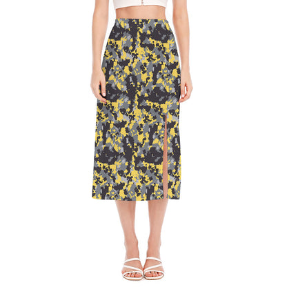 Yellow Black And Grey Digital Camo Print Side Slit Midi Skirt