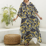 Yellow Black And Grey Digital Camo Print Silk V-Neck Kaftan Dress