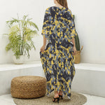 Yellow Black And Grey Digital Camo Print Silk V-Neck Kaftan Dress