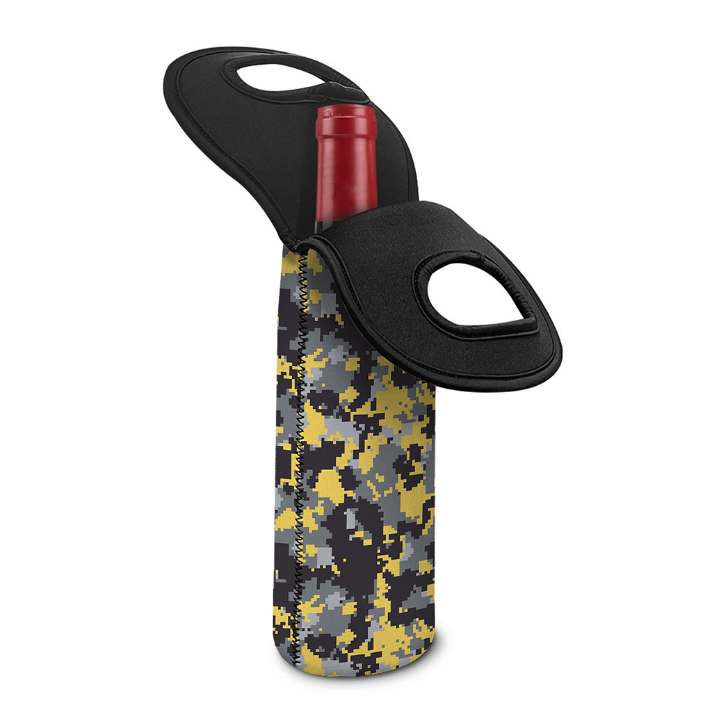 Yellow Black And Grey Digital Camo Print Single Neoprene Wine Tote