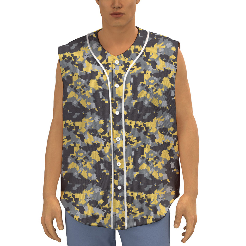 Yellow Black And Grey Digital Camo Print Sleeveless Baseball Jersey