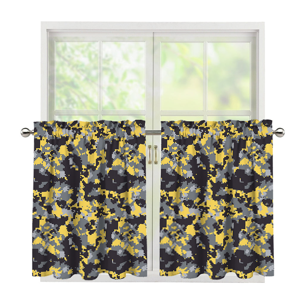 Yellow Black And Grey Digital Camo Print Tier Curtains