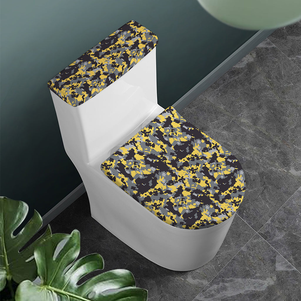Yellow Black And Grey Digital Camo Print Toilet Lid And Tank Cover Set