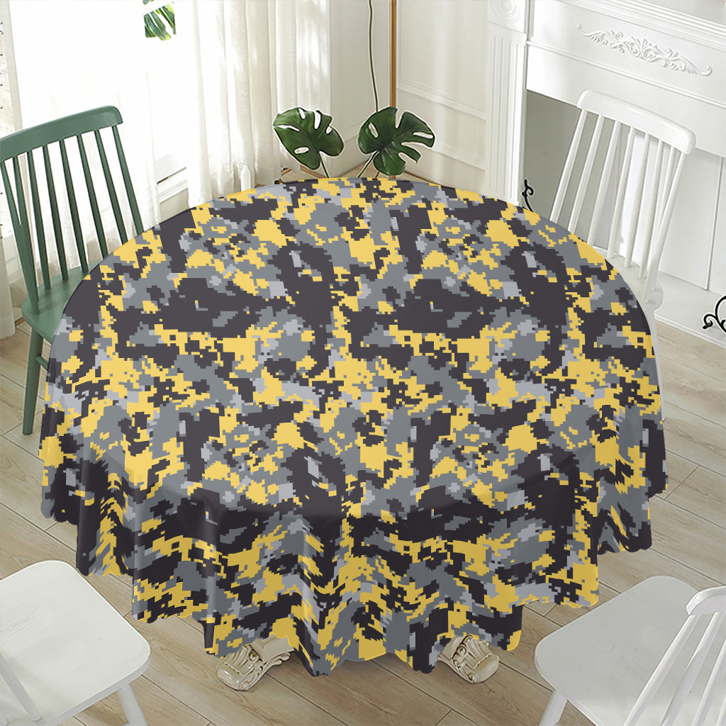 Yellow Black And Grey Digital Camo Print Waterproof Round Tablecloth