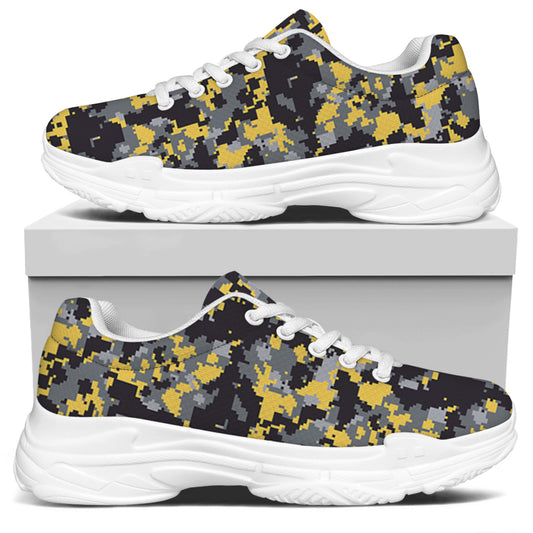 Yellow Black And Grey Digital Camo Print White Chunky Shoes