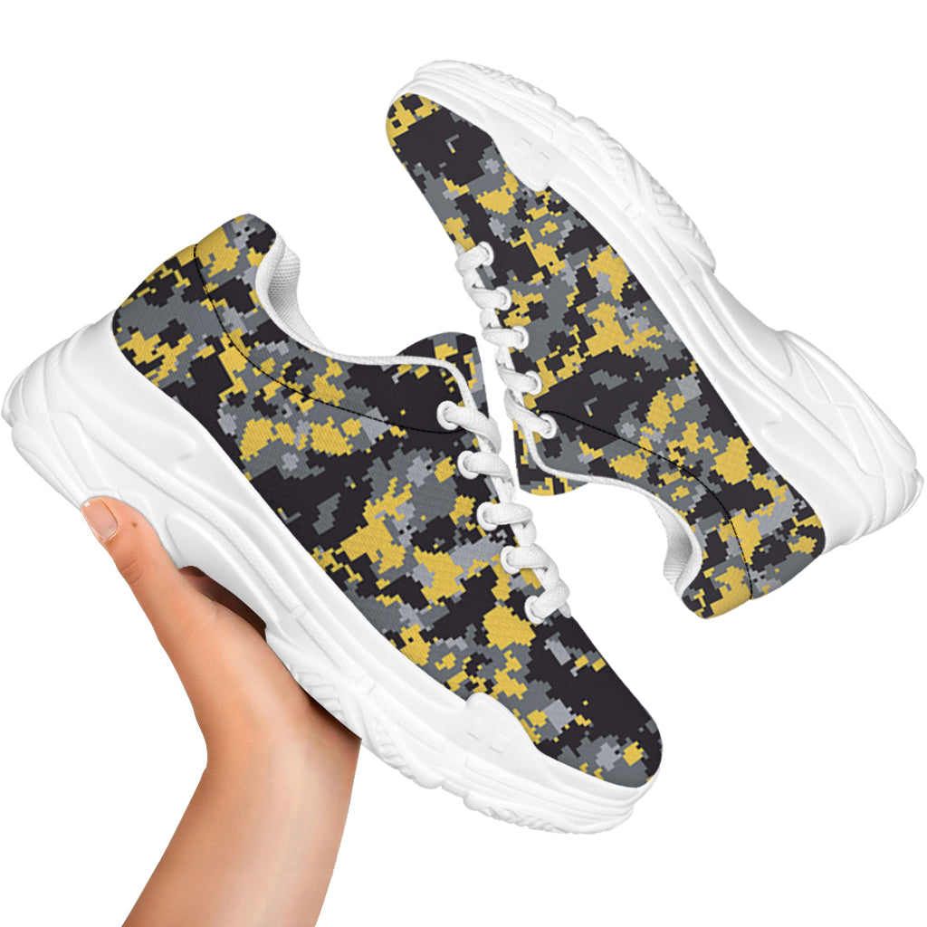 Yellow Black And Grey Digital Camo Print White Chunky Shoes
