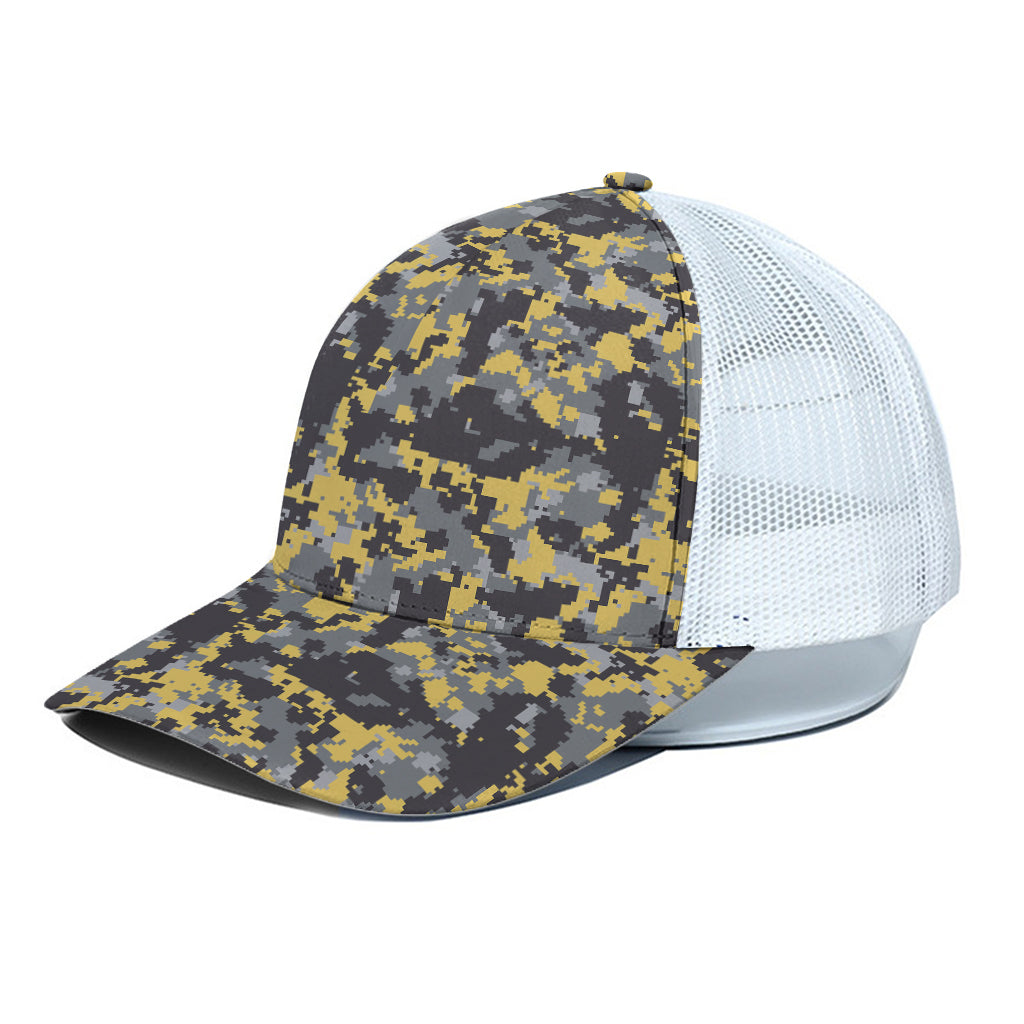 Yellow Black And Grey Digital Camo Print White Mesh Trucker Cap