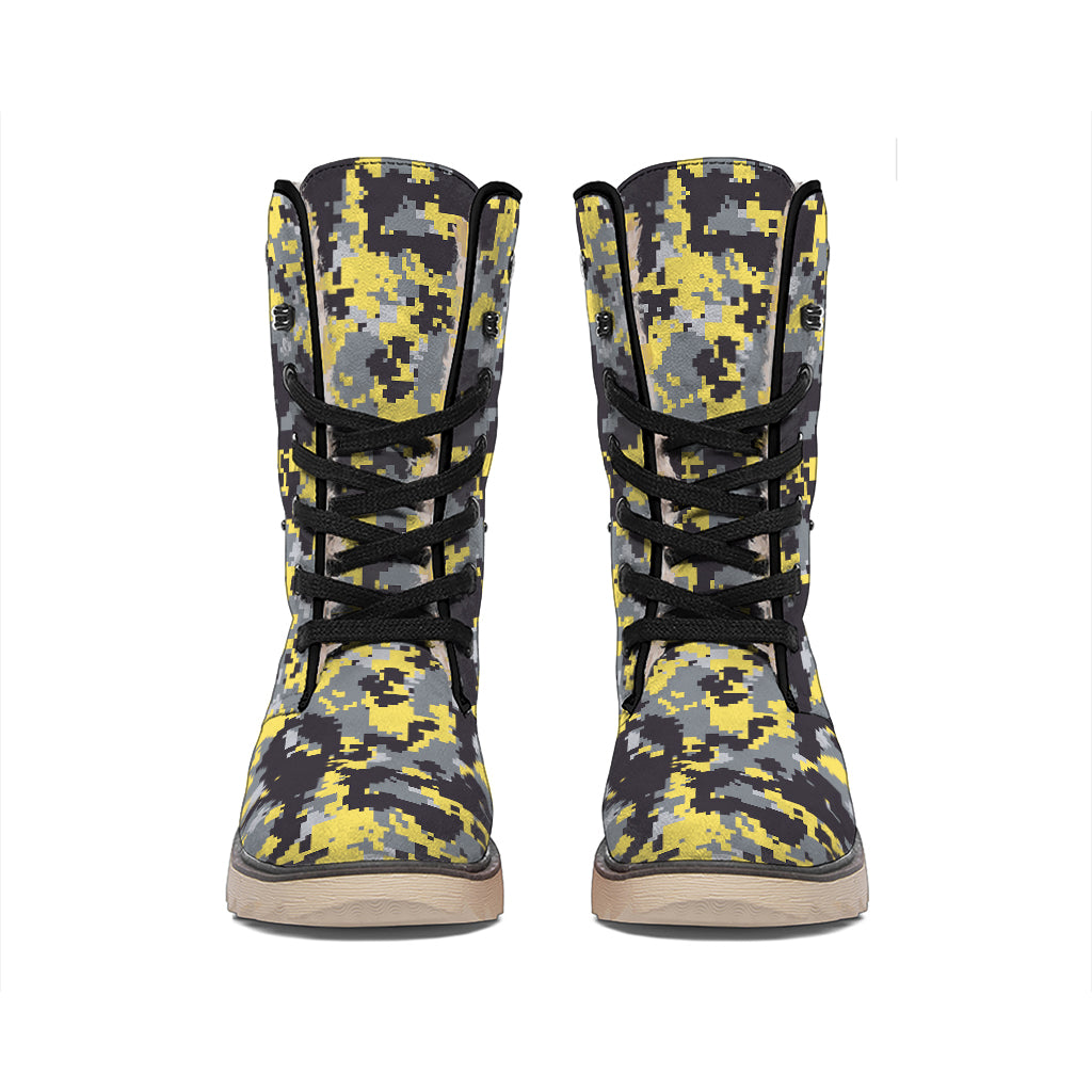 Yellow Black And Grey Digital Camo Print Winter Boots