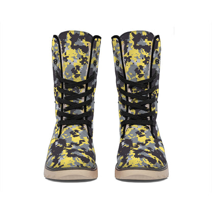Yellow Black And Grey Digital Camo Print Winter Boots
