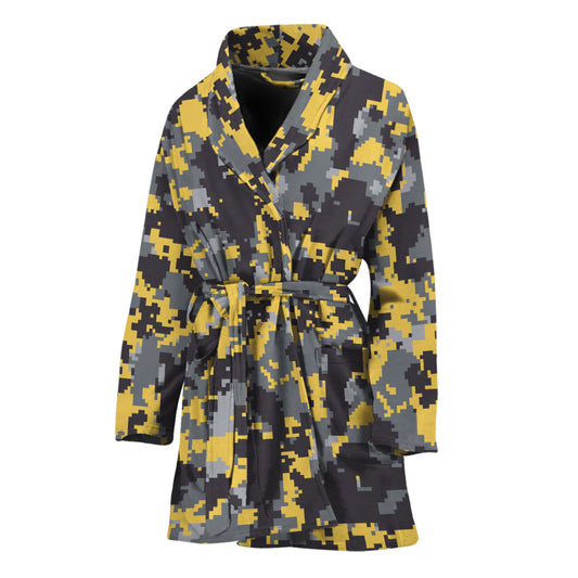 Yellow Black And Grey Digital Camo Print Women's Bathrobe