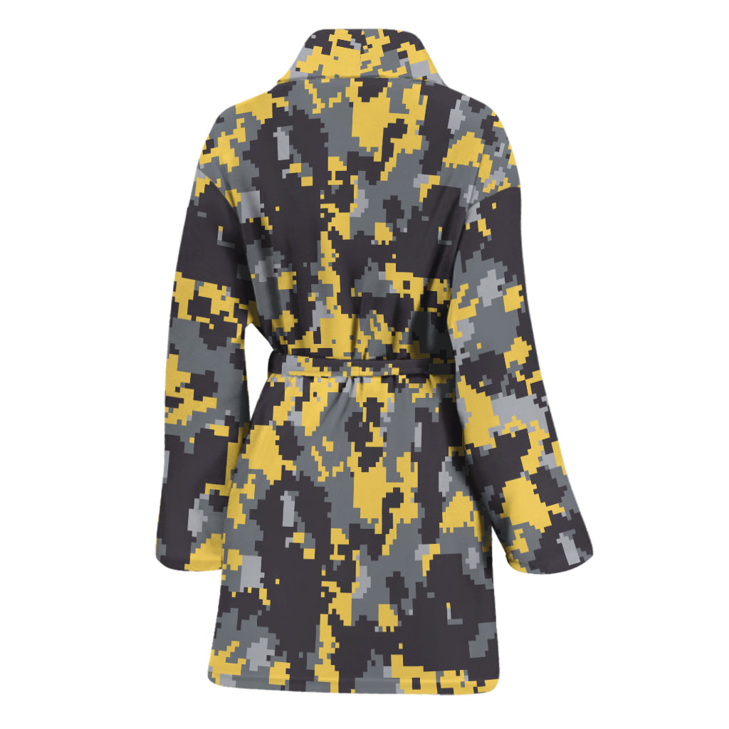 Yellow Black And Grey Digital Camo Print Women's Bathrobe