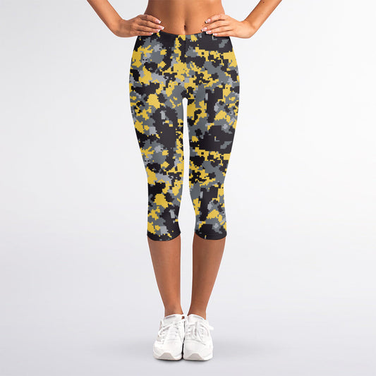 Yellow Black And Grey Digital Camo Print Women's Capri Leggings