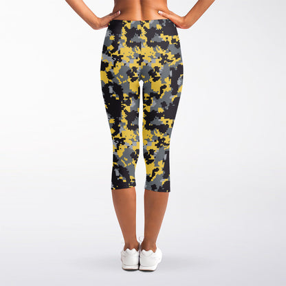 Yellow Black And Grey Digital Camo Print Women's Capri Leggings