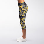 Yellow Black And Grey Digital Camo Print Women's Capri Leggings