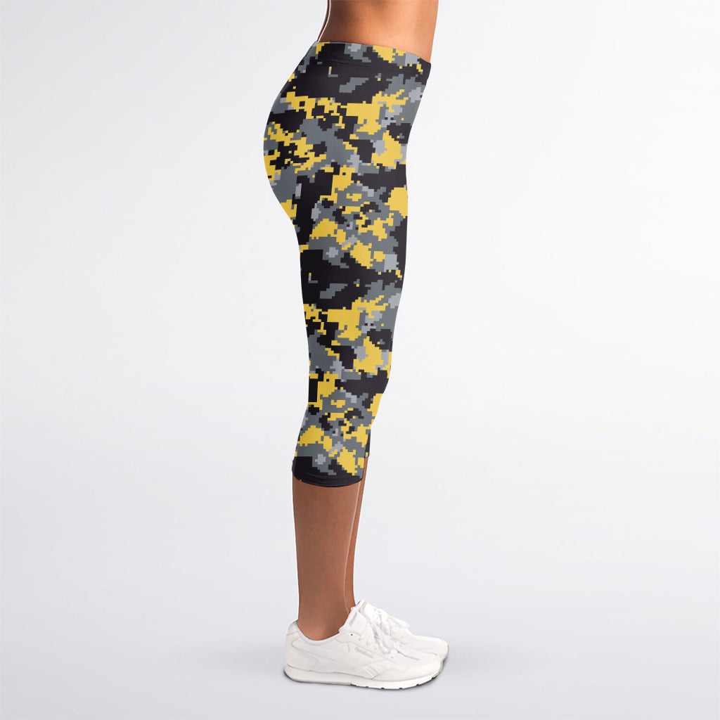 Yellow Black And Grey Digital Camo Print Women's Capri Leggings