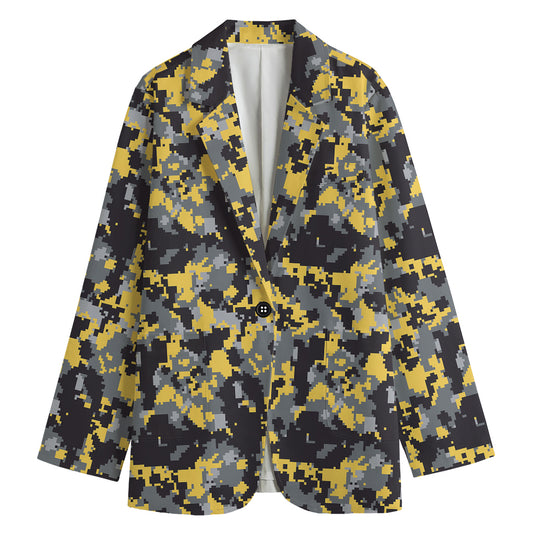 Yellow Black And Grey Digital Camo Print Women's Cotton Blazer